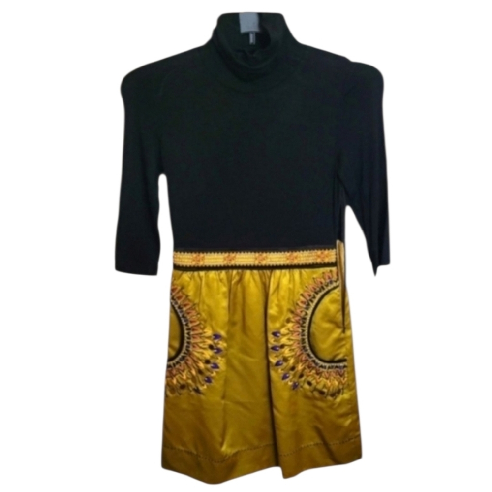 Vintage Phoebe Couture Yellow Gold Black Silk Embroidered Dress & Pockets Size 2